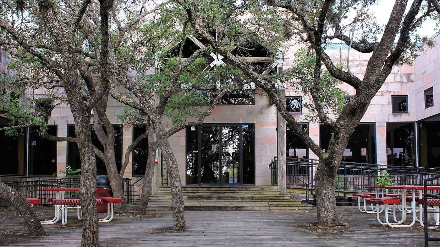 A large timber deck at a university cafeteria